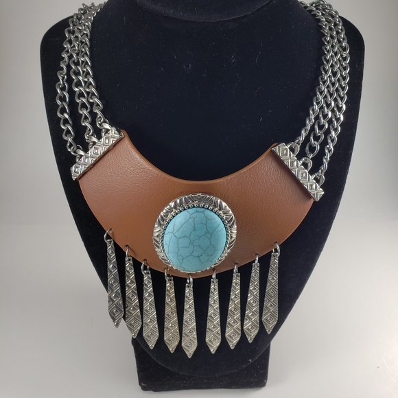Jewelry - Multi strand Silver plated, Brown leather with oval Turquoise Statement Necklace
